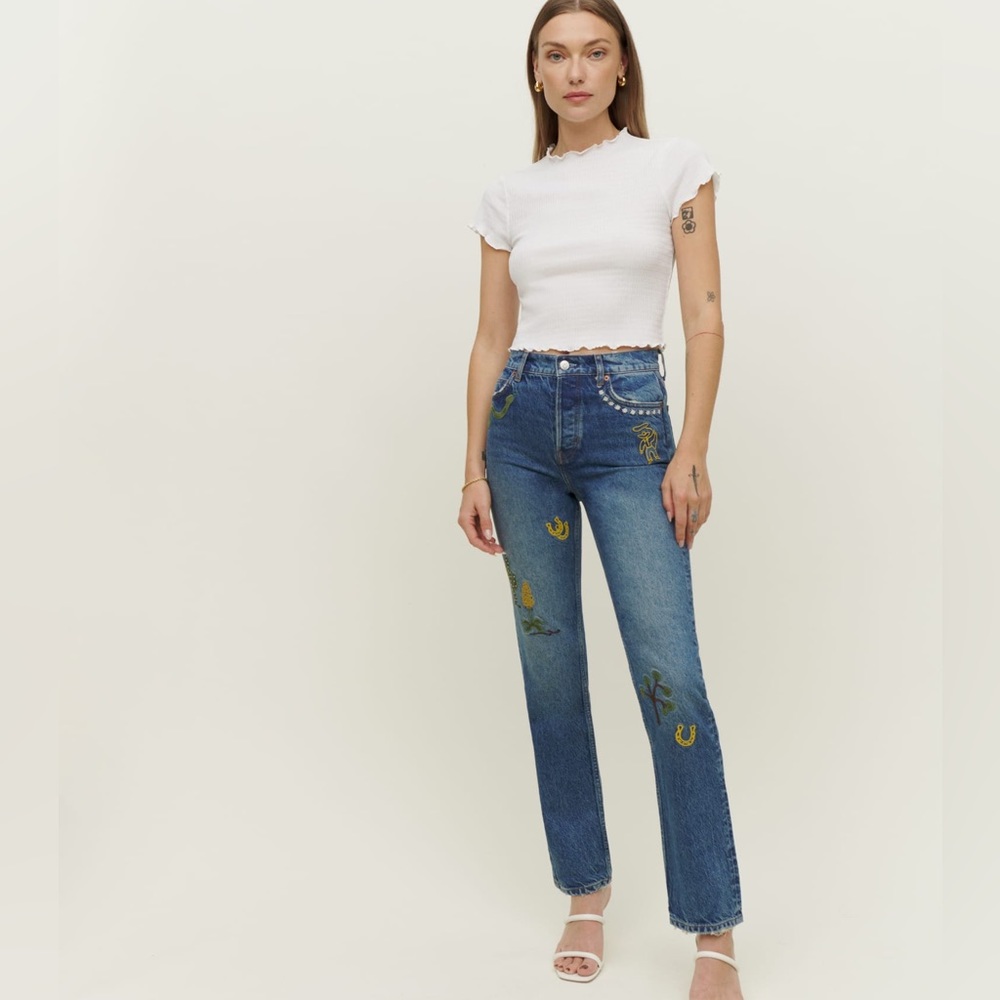 NWT Reformation Embroidered High Rise Straight Jeans denim cowboy western rodeo